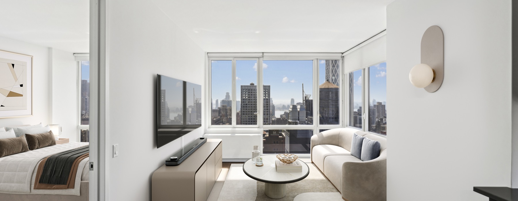 Furnished living room with clear city views